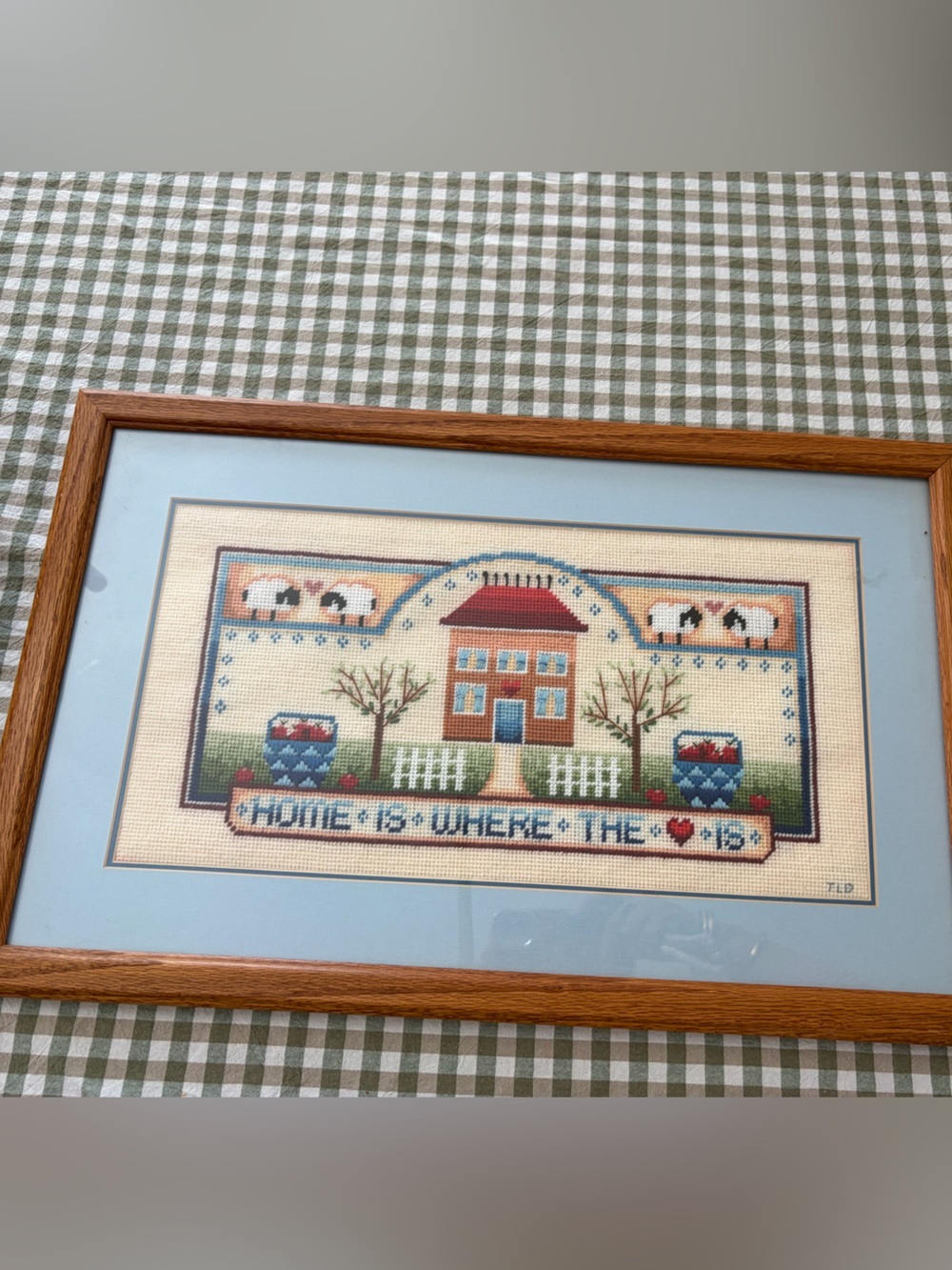 Framed Cross Stitch Country House Wall Art - Blue, Red, Green